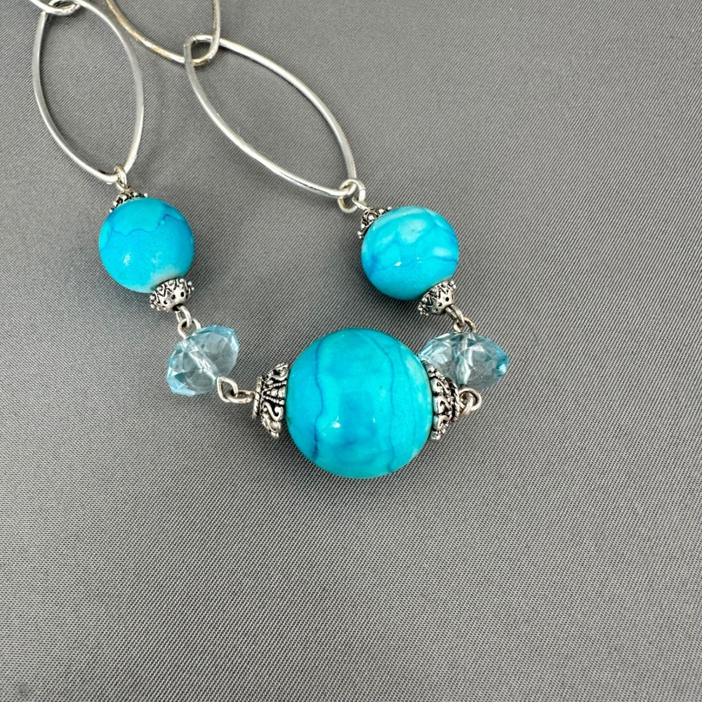 Southwest Paulus Silver Tone Turquoise Marbled Bead Necklace Earring Set 30 Inch - Picture 5 of 10
